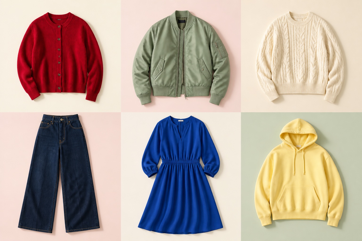Six curated clothing pieces arranged as a fashion edit