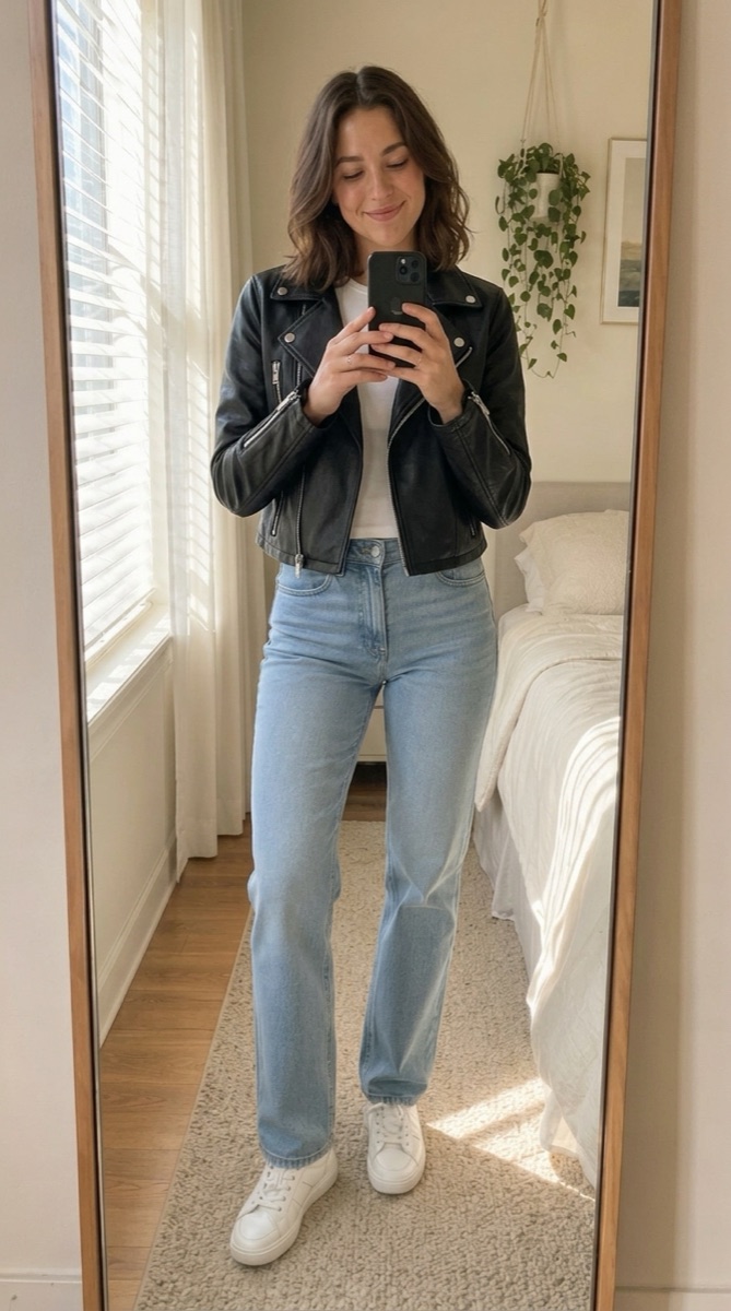 The same woman shown wearing a black leather jacket, generated by Aidrobe in about 30 seconds.