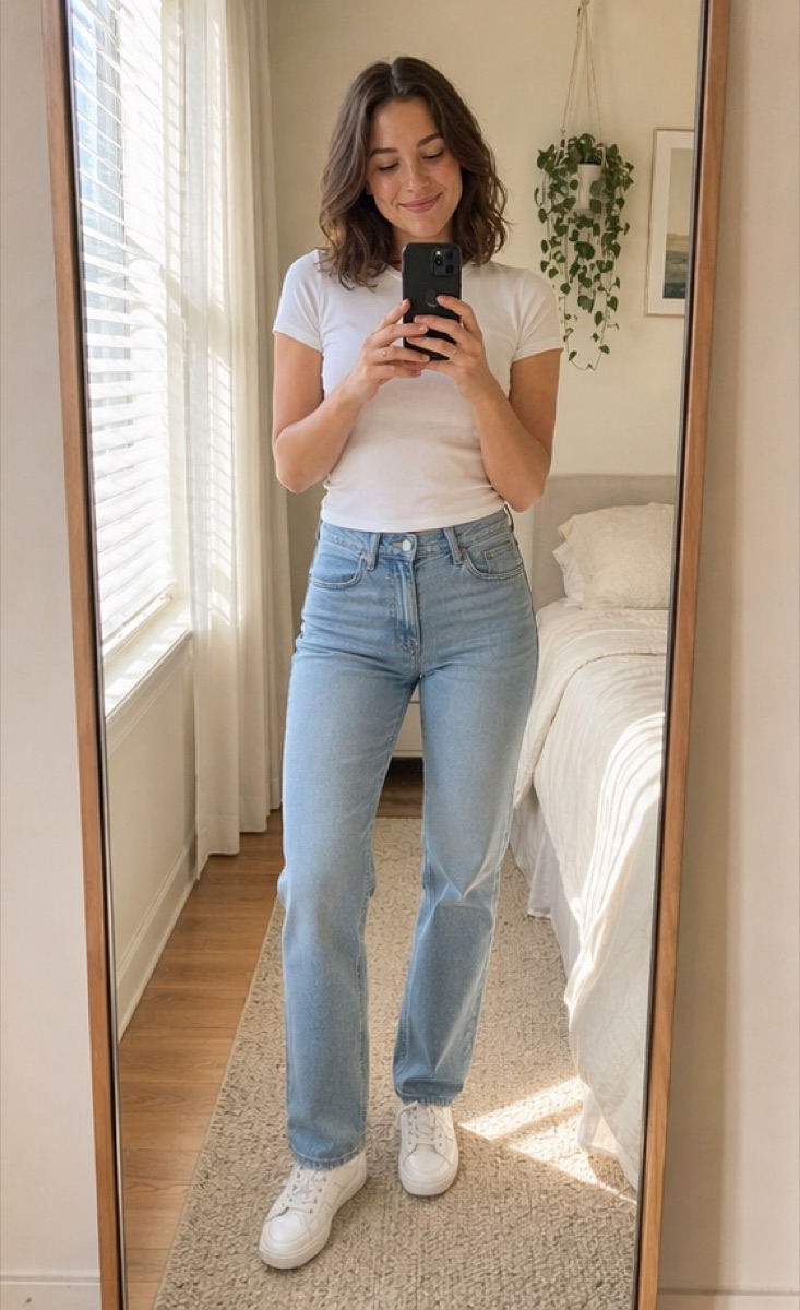 A mirror selfie of a woman in a white tee and light jeans, before any try on.