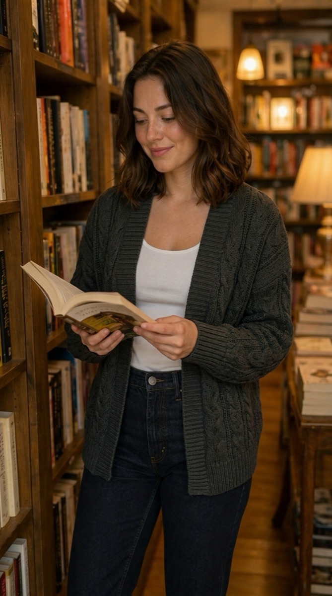 A woman in a charcoal cable-knit cardigan reading in a bookstore.